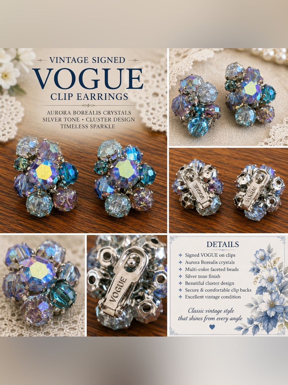 VOGUE Vintage Aurora Borealis Blue Cluster Clip Earrings